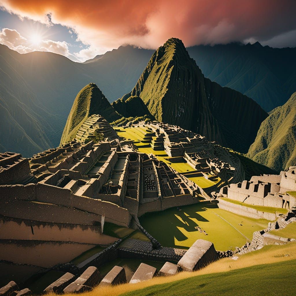 Le machu Picchu, avec coucher de soleil rouge