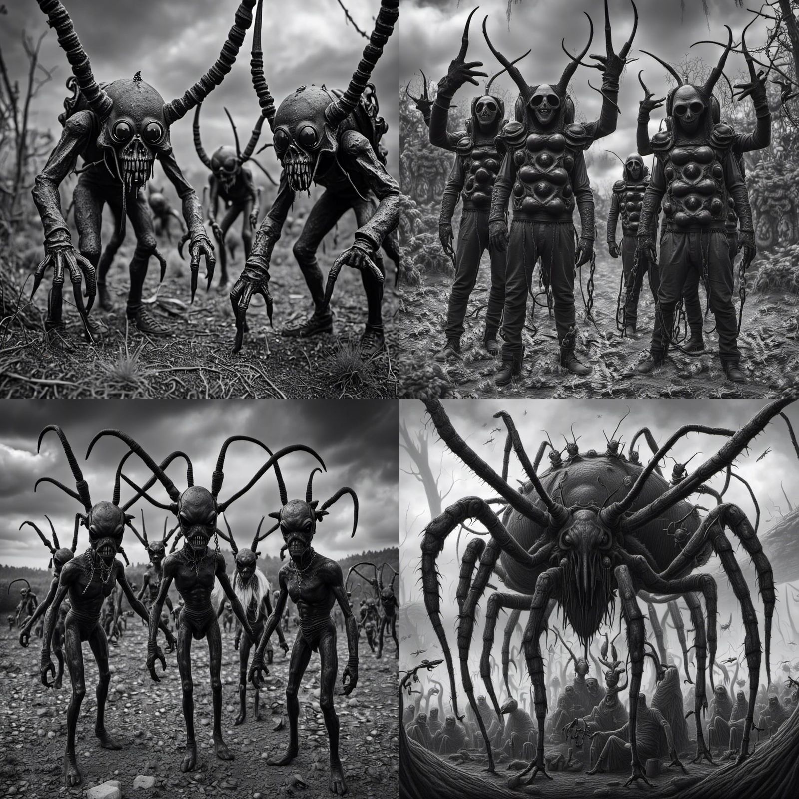 Monochrome Giant Ants in a Surreal Scene