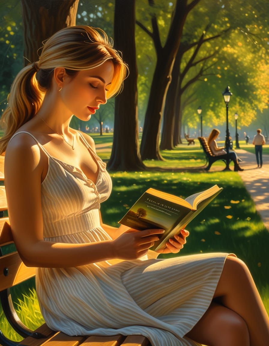Woman Reading in Park: Romantic Realism Style