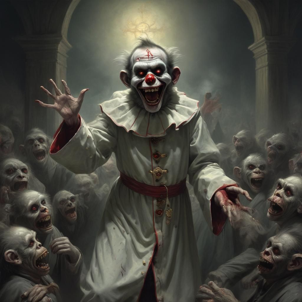 Horror Clown Priest Exorcism in Doré Style