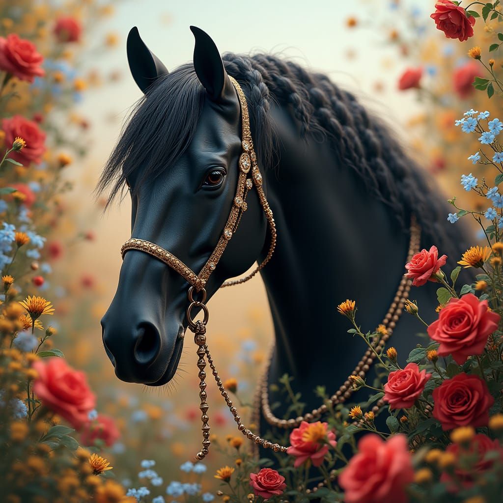 A black horse with an ornate black mane, surrounded by flowers, photorealistic, hyperrealistic, rendered in Octane. In t...