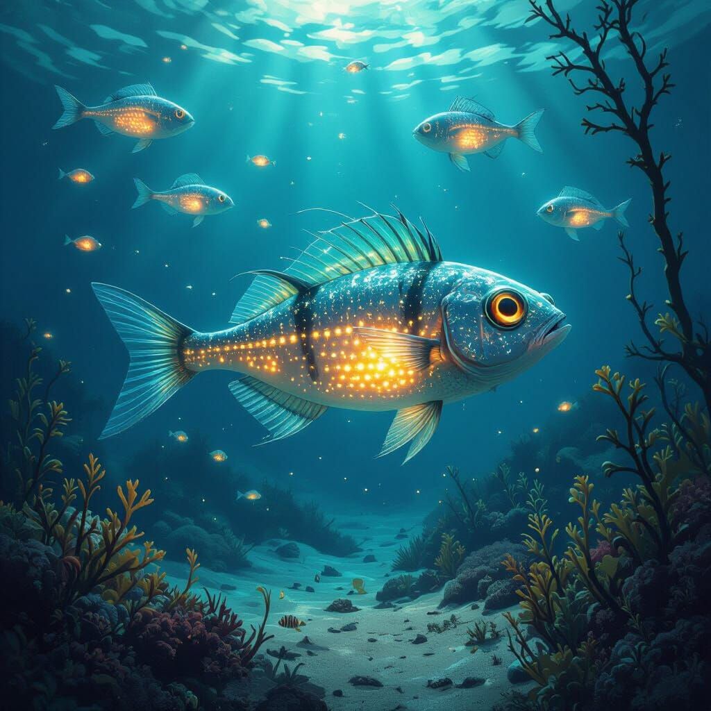Bioluminescent Lanternfish School in a Lagoon