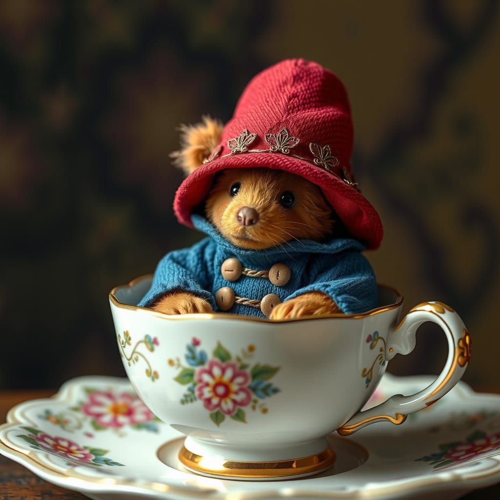 Tiny Paddington Bear in Antique Teacup