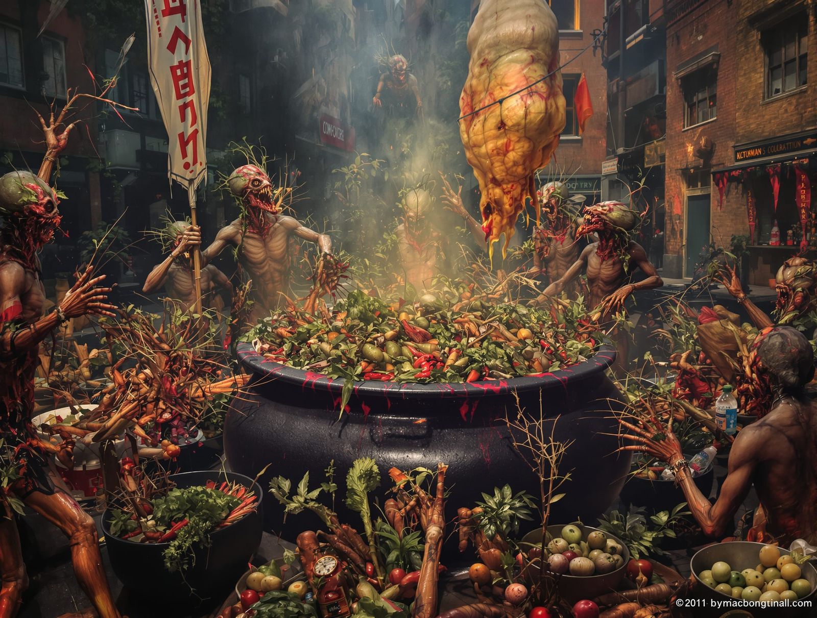 Surreal Urban Scene of Degenerate Humanoids and Cauldron