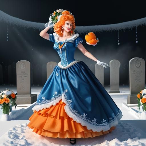 Hyperrealistic Woman at Cemetery, Orange and Blue