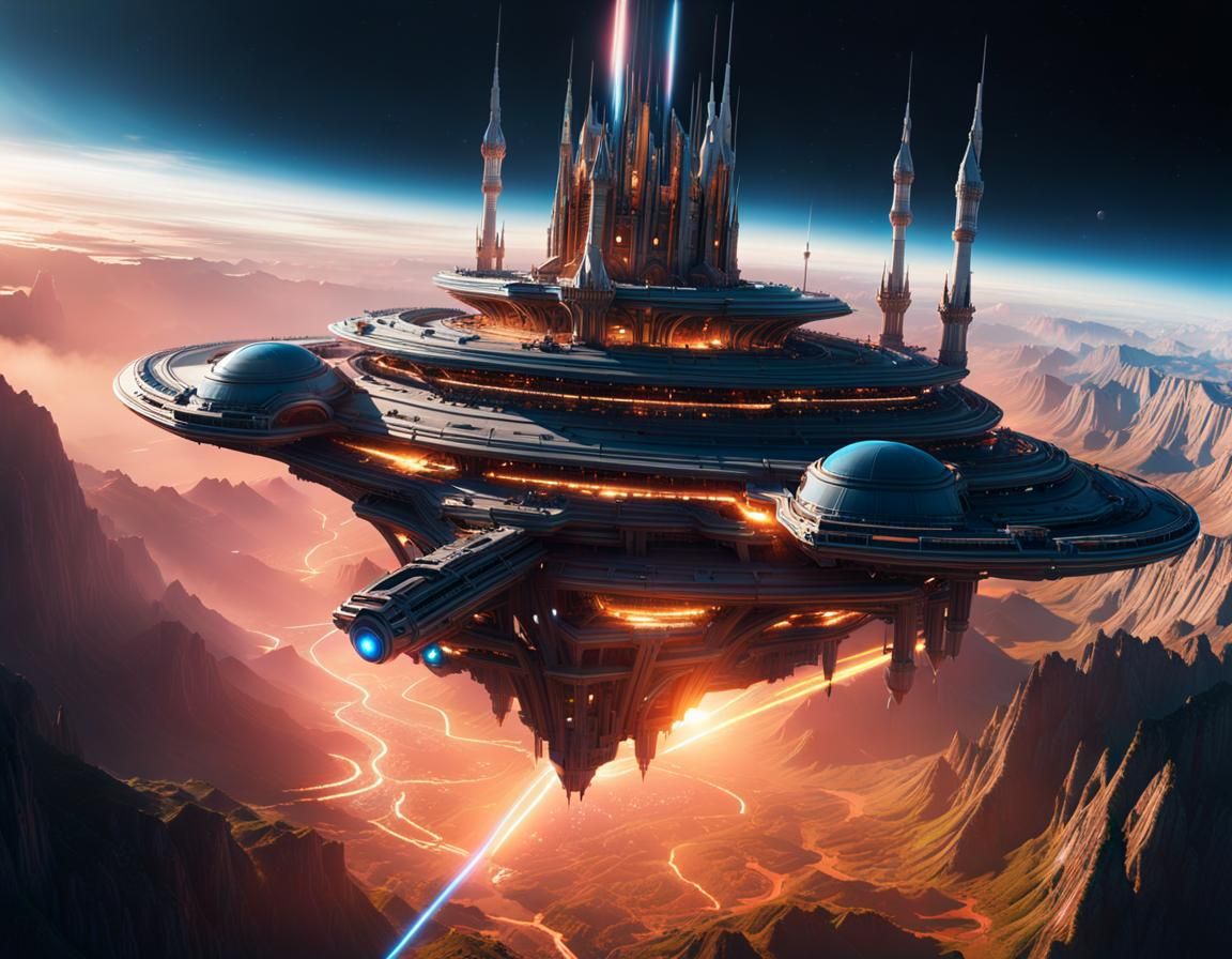 Futuristic Castle Spaceship Fires Laser Beams