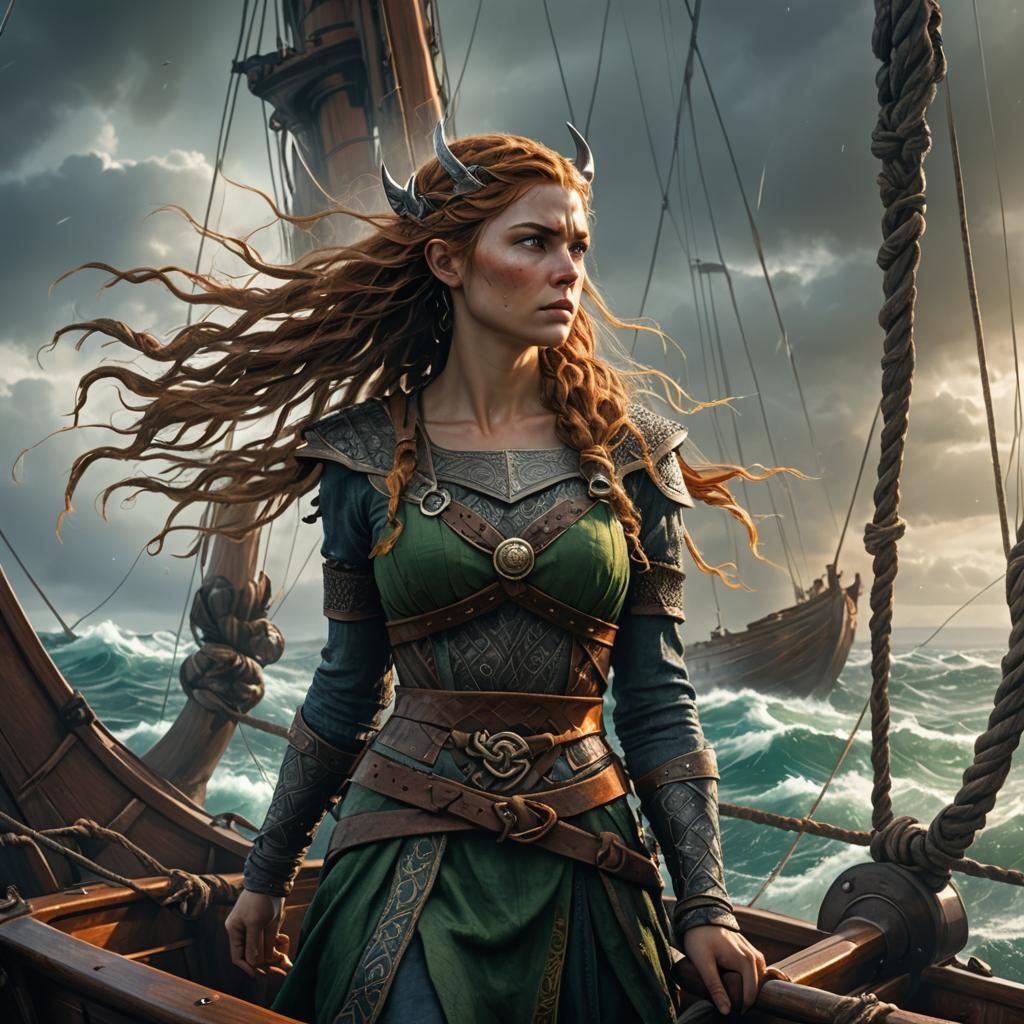 Viking Beauty on Ship in Pre-Raphaelite Style
