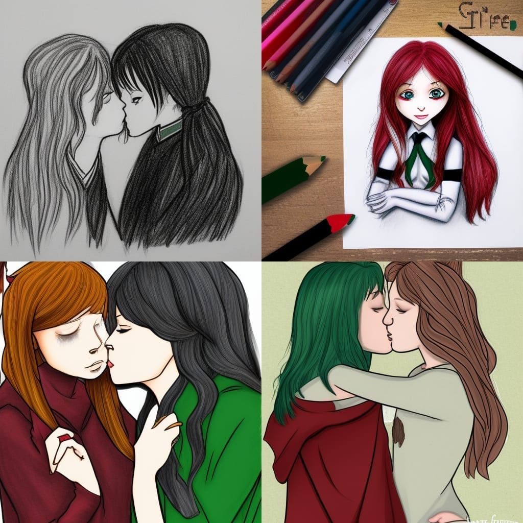 Slytherin Girl Kissing Gryffindor Girl, a Drawing
