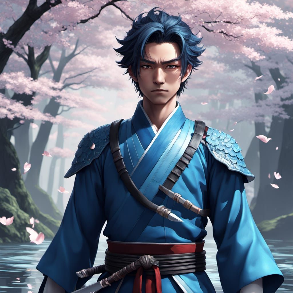 Tanjiro performs a Water Breathing technique, his sword trailing behind him in an elegant arc. A shimmering blue dragon ...