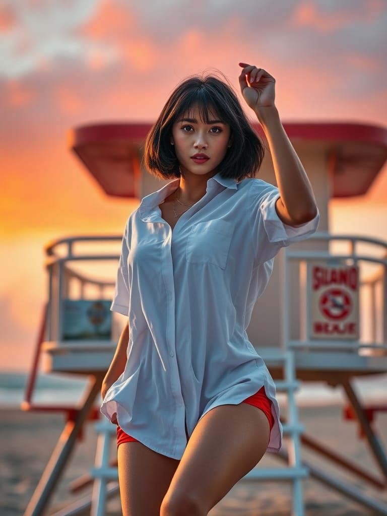 Lifeguard at the Beach in Hyperrealistic Style