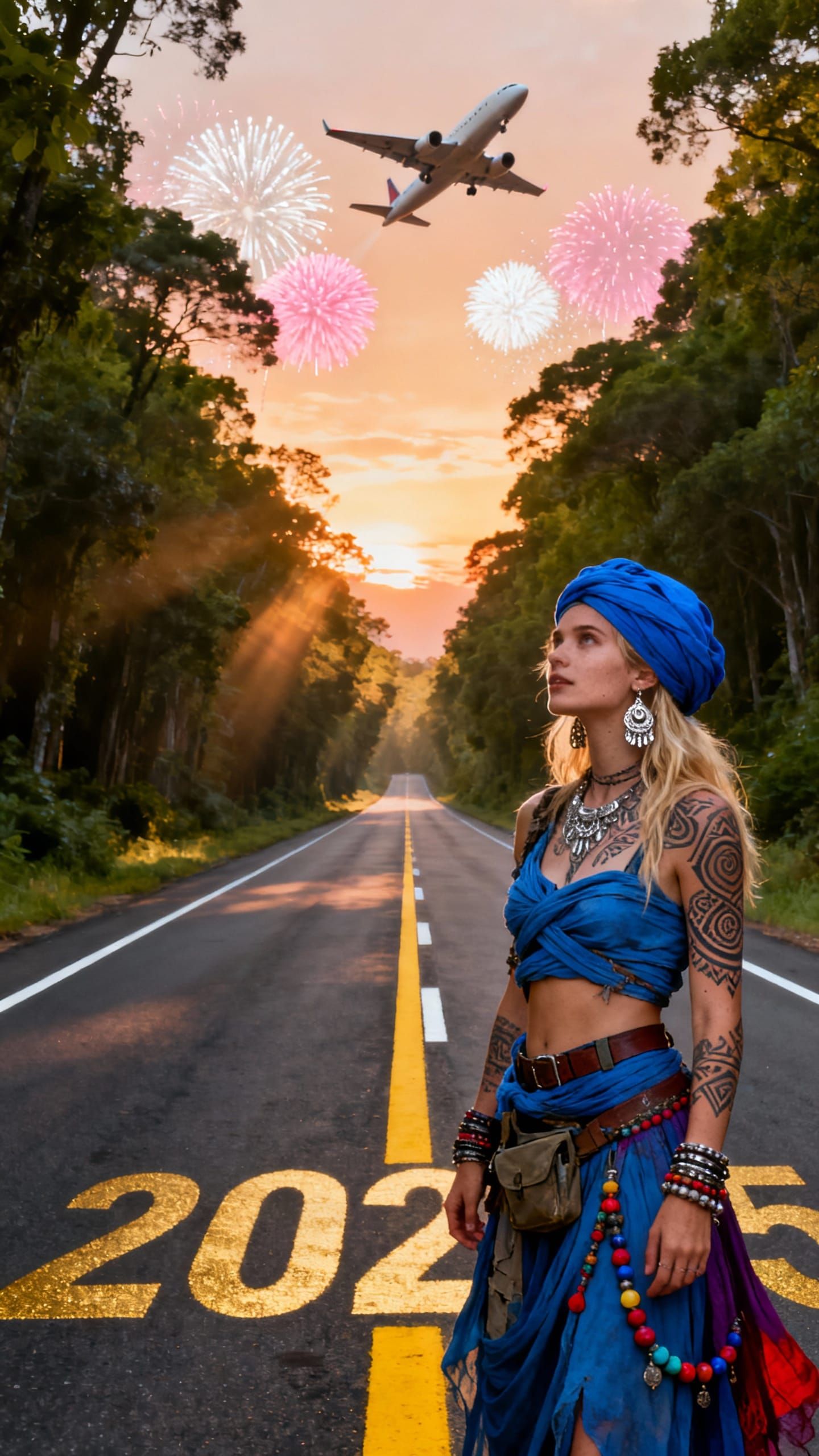 Post-Apocalyptic Warrior Woman on Highway at Sunset