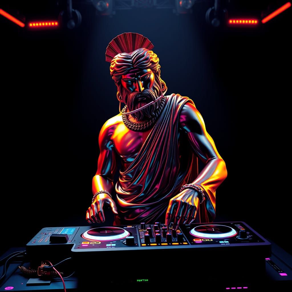 Futuristic greek DJ statue playing DJ set controller, glitch...