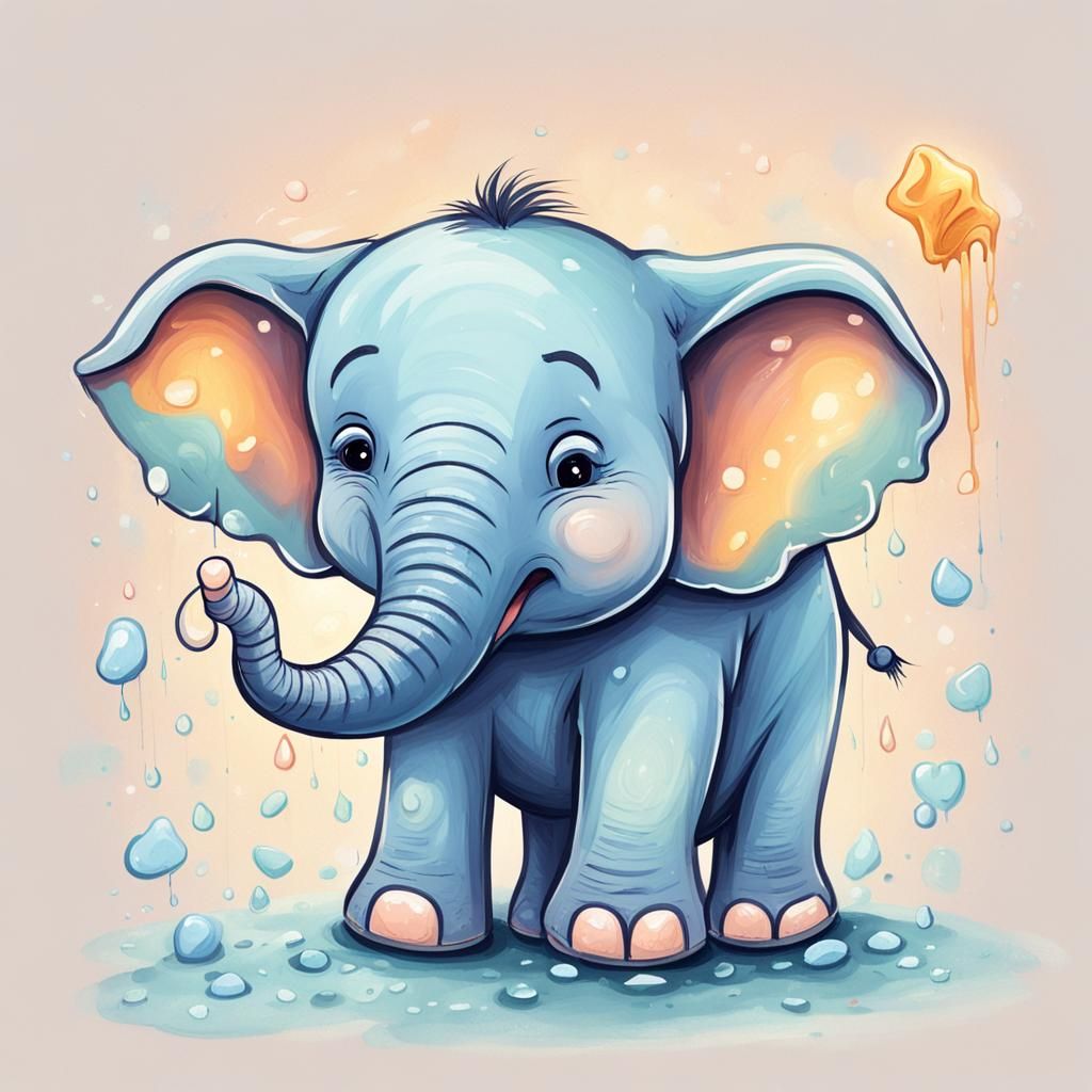 Sad Baby Elephant Blowing Nose: Children's Book Illustration