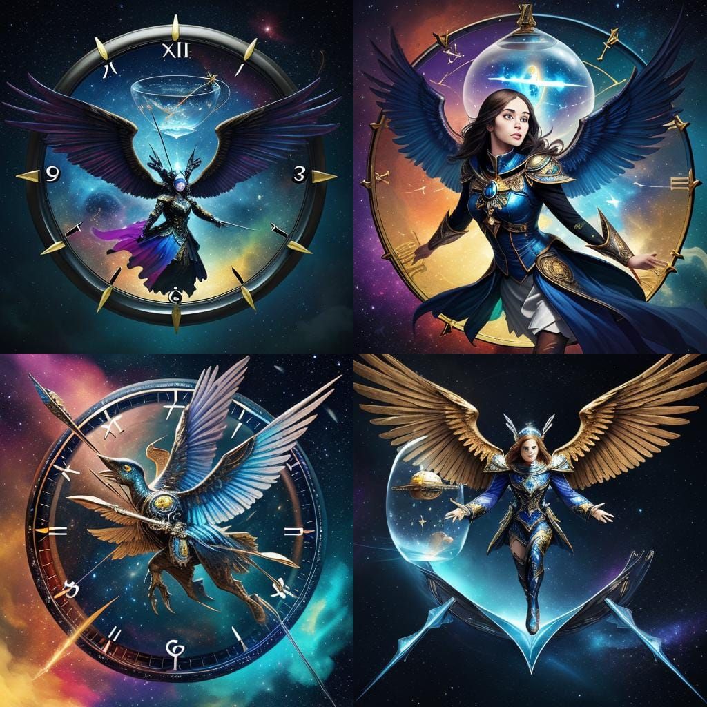 Winged Clock with Hourglass in Space: Hyperrealistic Art
