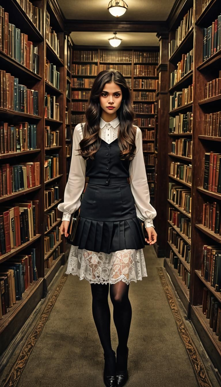 Librarian in Lacy Blouse Holding Book