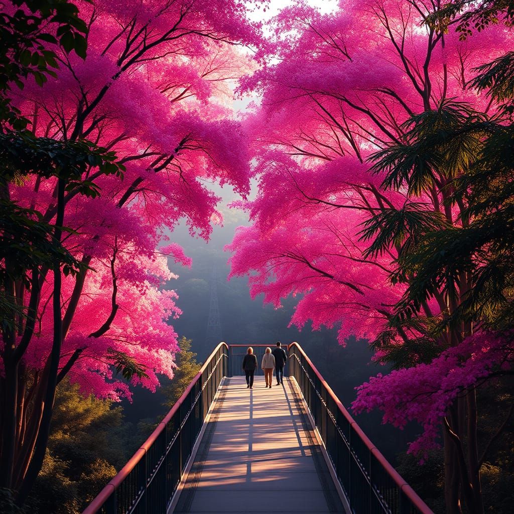 Bridge in Vibrant Pink Tree Forest, Hyperrealistic Details