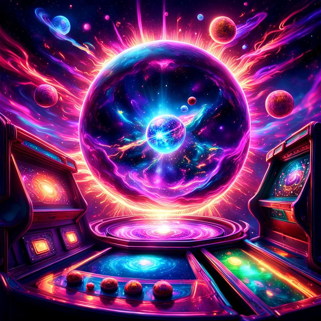 Cosmic Surrealism: Orb in Celestial Pinball Machine