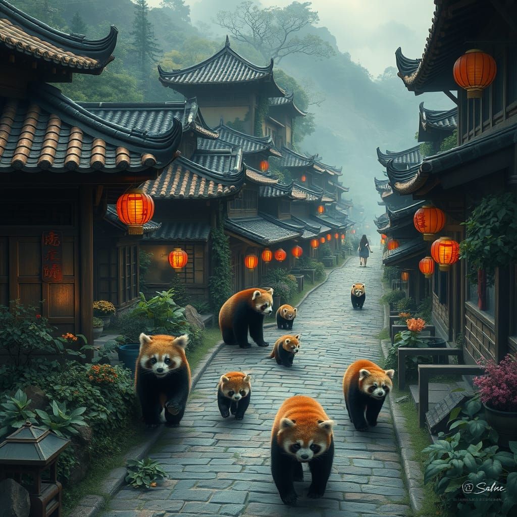 Red Pandas Explore Chinese Village in Serene Digital Matte P...