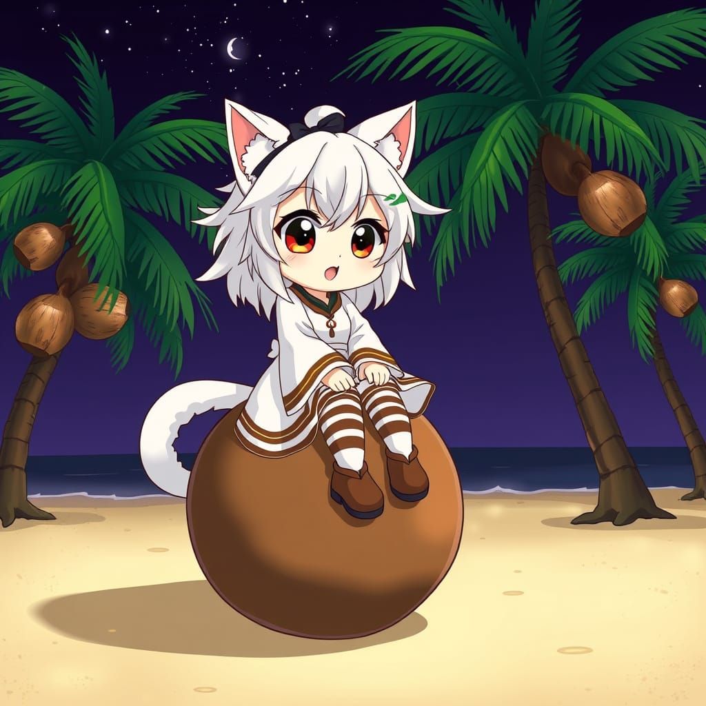 Anime Style Catgirl on a Coconut Beach at Night
