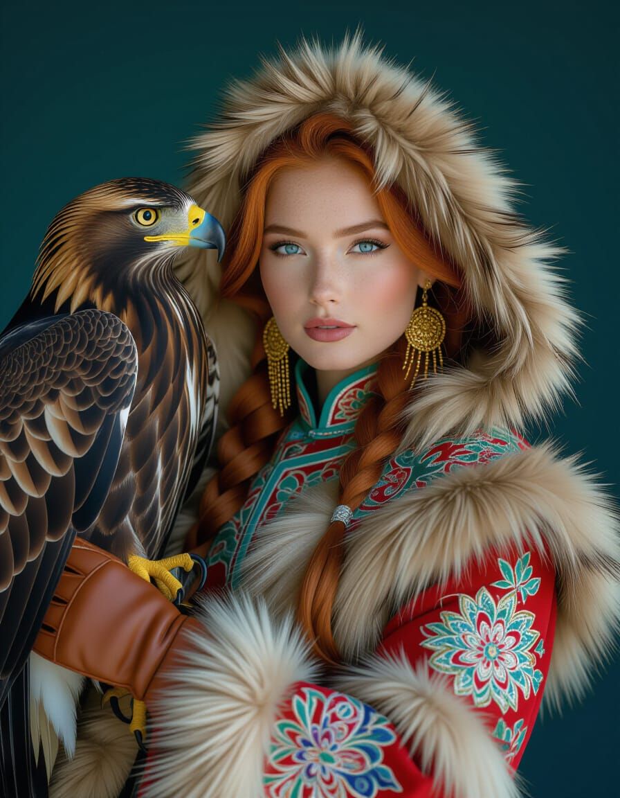 Mongolian Woman with Eagle in Cinematic Photograph