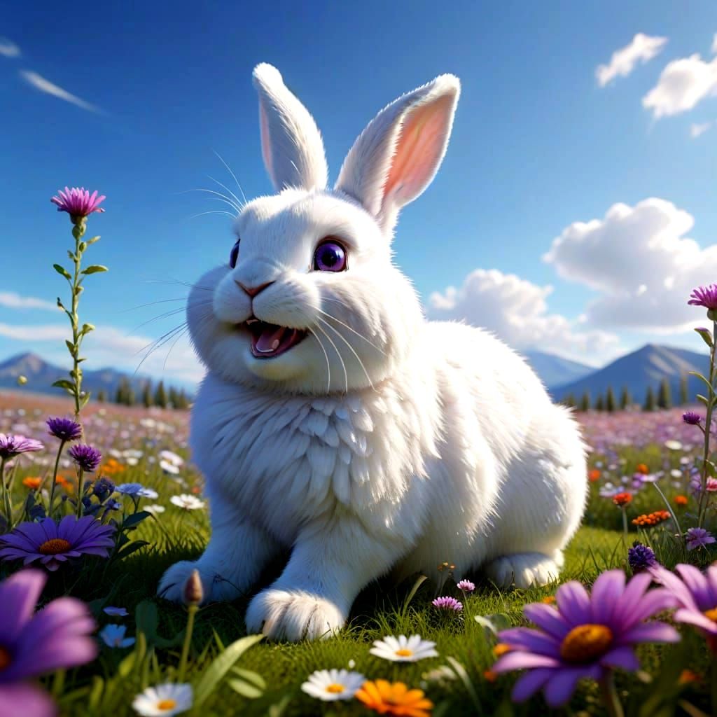 Fluffy Bunny Laughing in Flower Meadow: Pixar Style