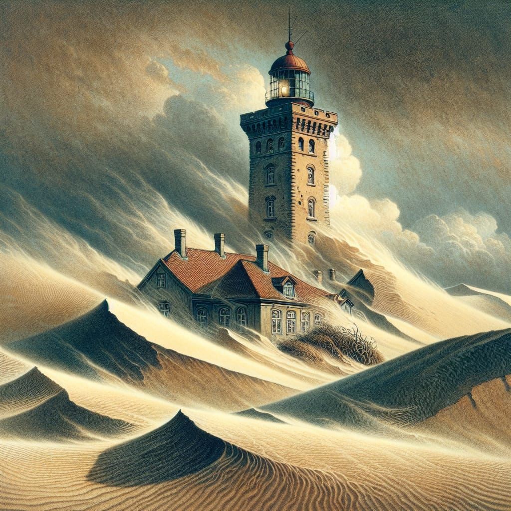 Stormy Lighthouse on Shifting Dunes, Watercolor Painting