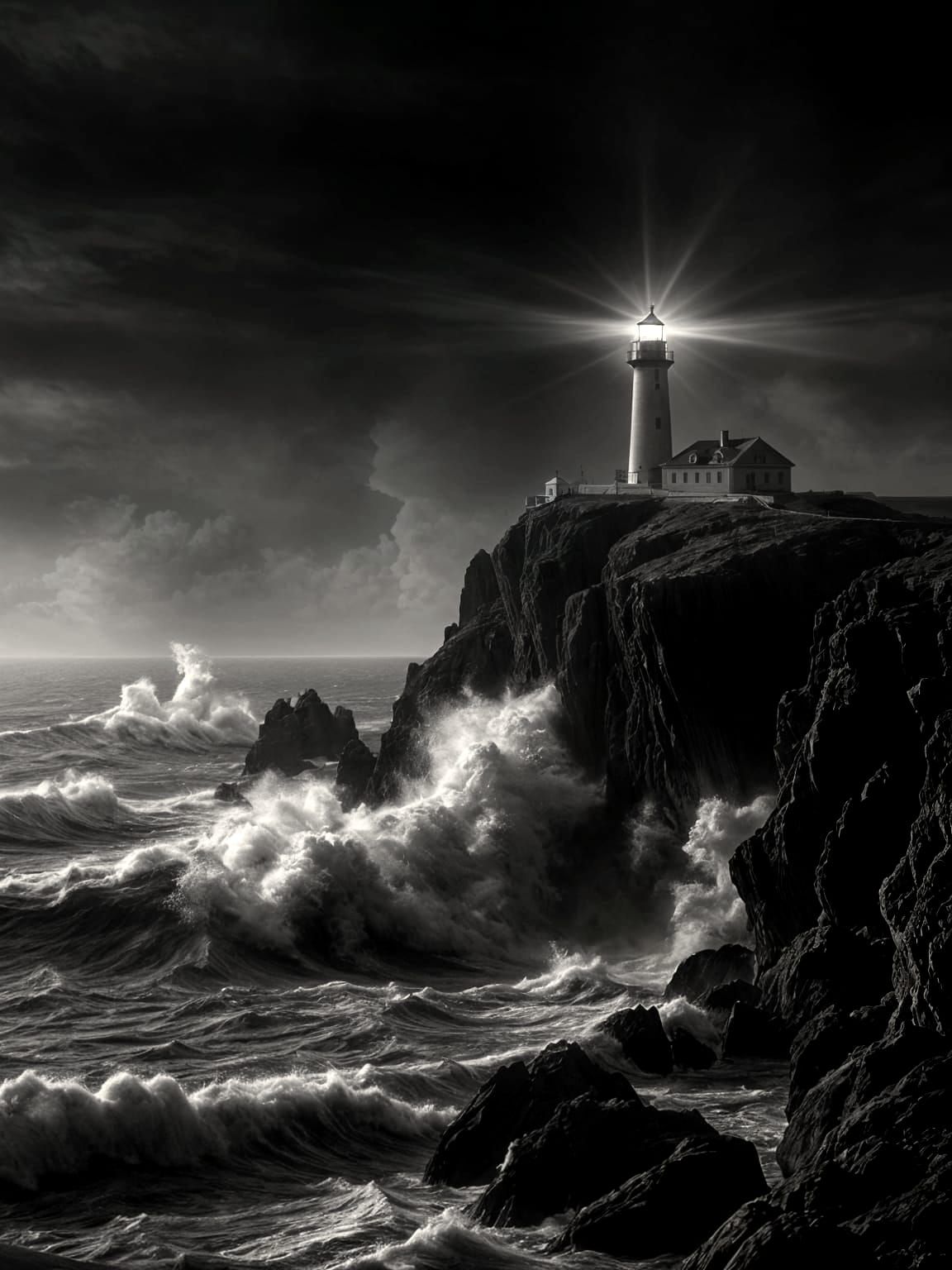 Dramatic Lighthouse in Stormy Black and White