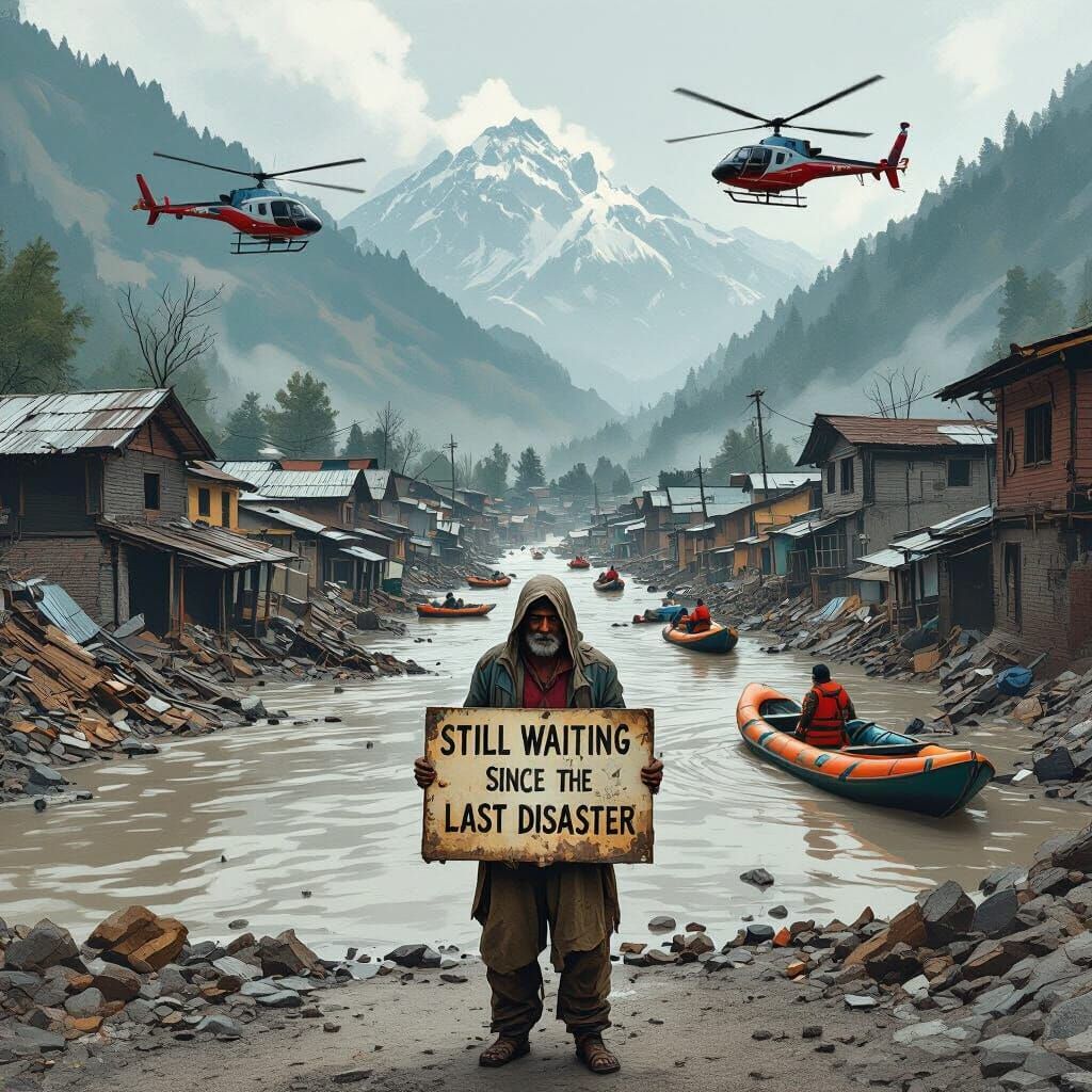 Uttarkashi Mountain Village Cloudburst: Digital Painting Res...