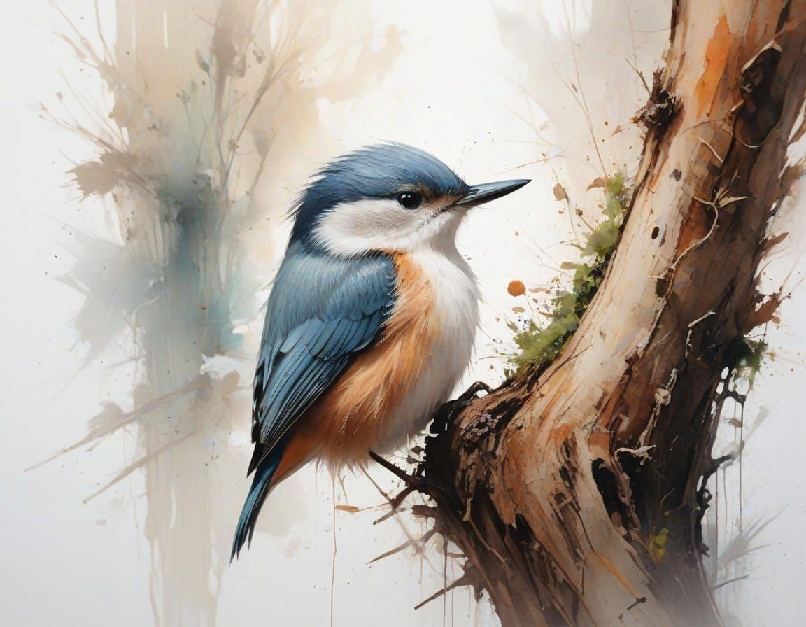 Nuthatch Chick Gripping Bark in Watercolour Style