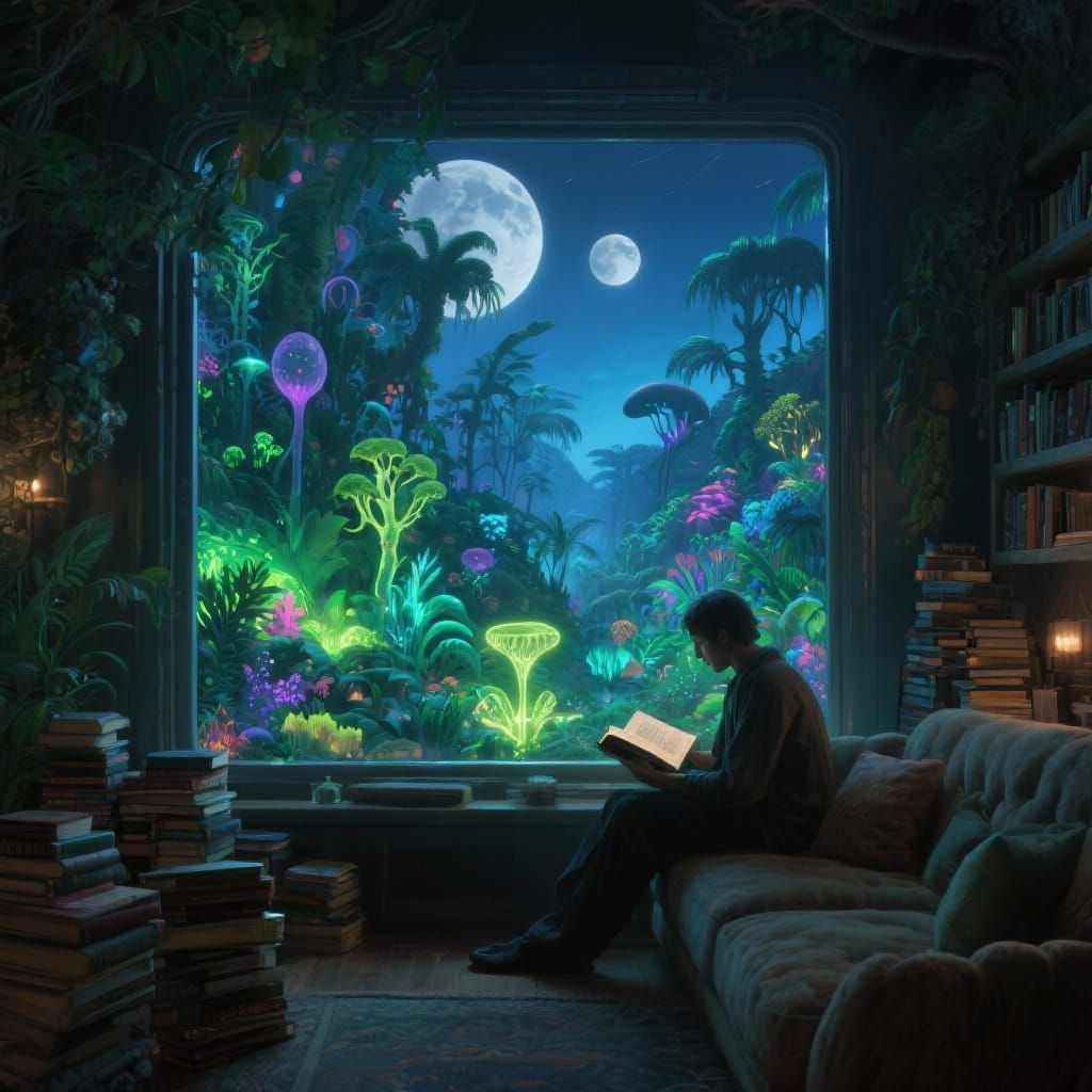 Figure Reading by Window in Bioluminescent Jungle