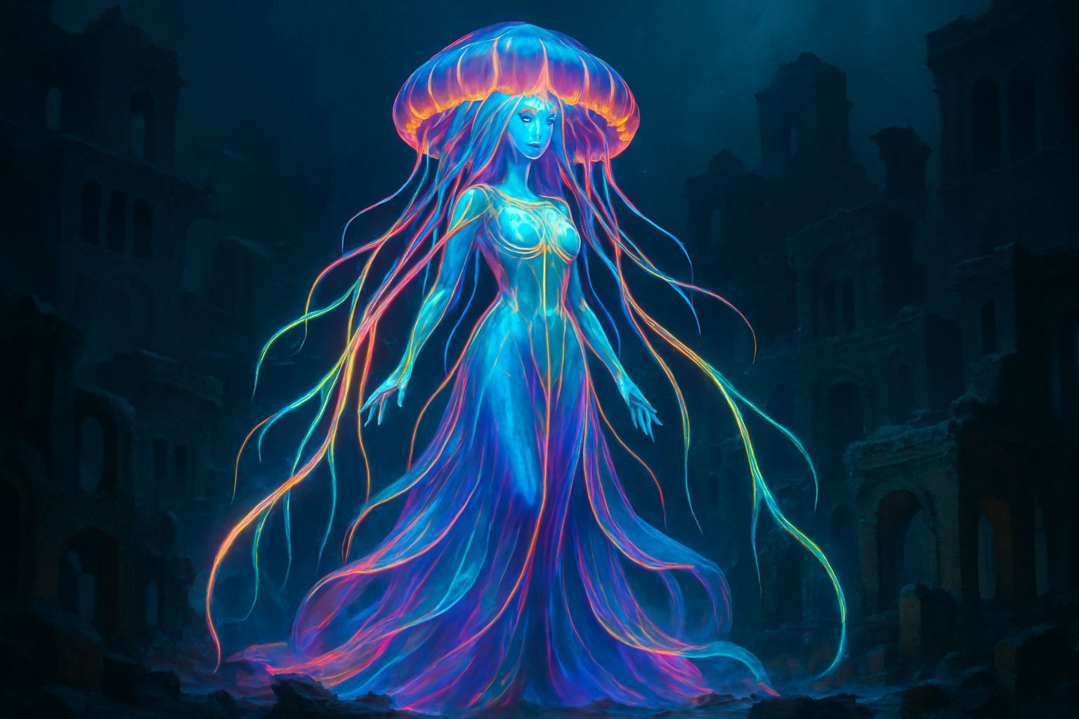 Bioluminescent Jellyfish Goddess in Sunken City Ruins