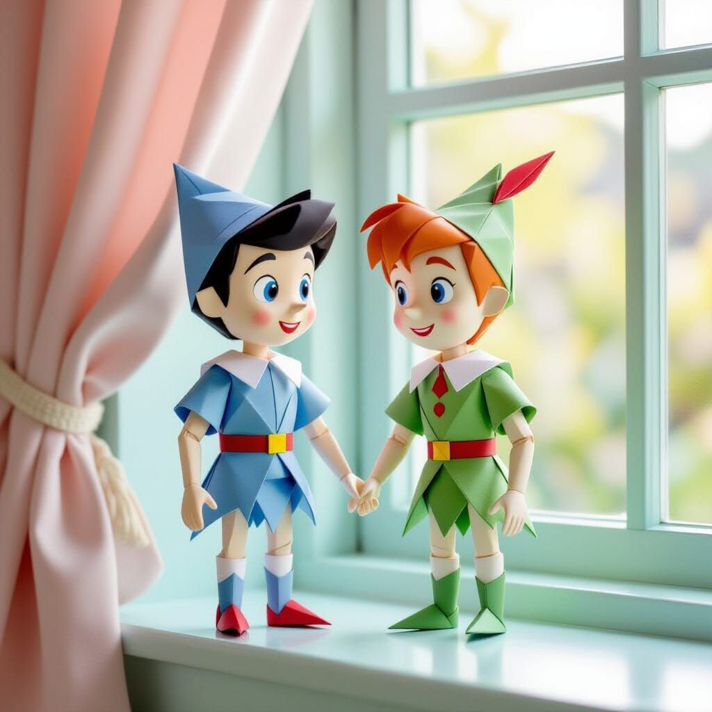 Origami Pinocchio and Peter Pan in Whimsical Style