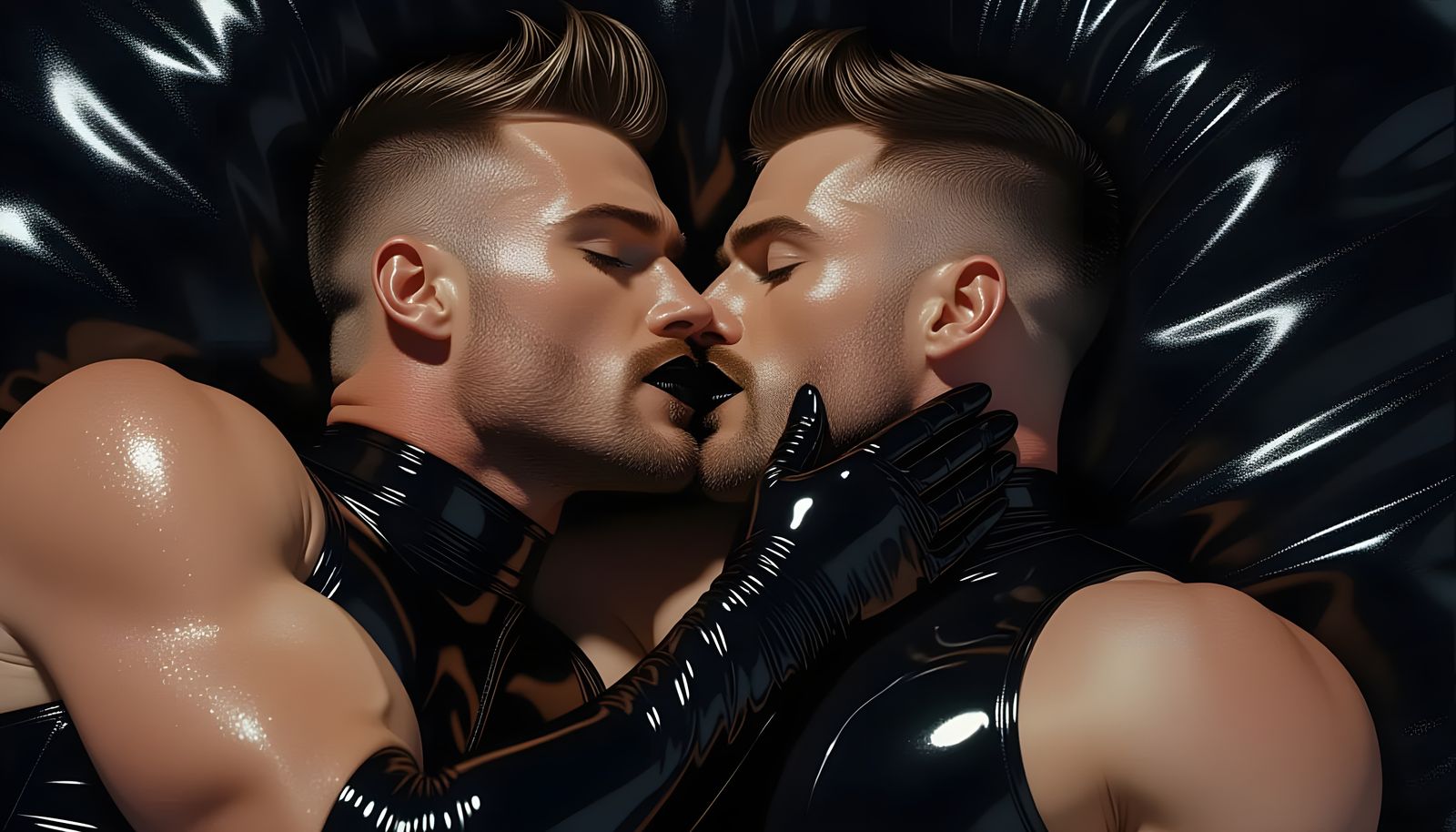 Hyperrealistic Latex Kiss: Muscular Men in High-Contrast Lig...