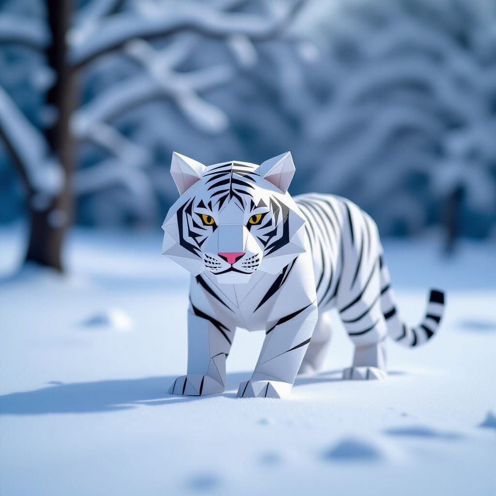 White Tiger in Winter: Origami Papercraft Style