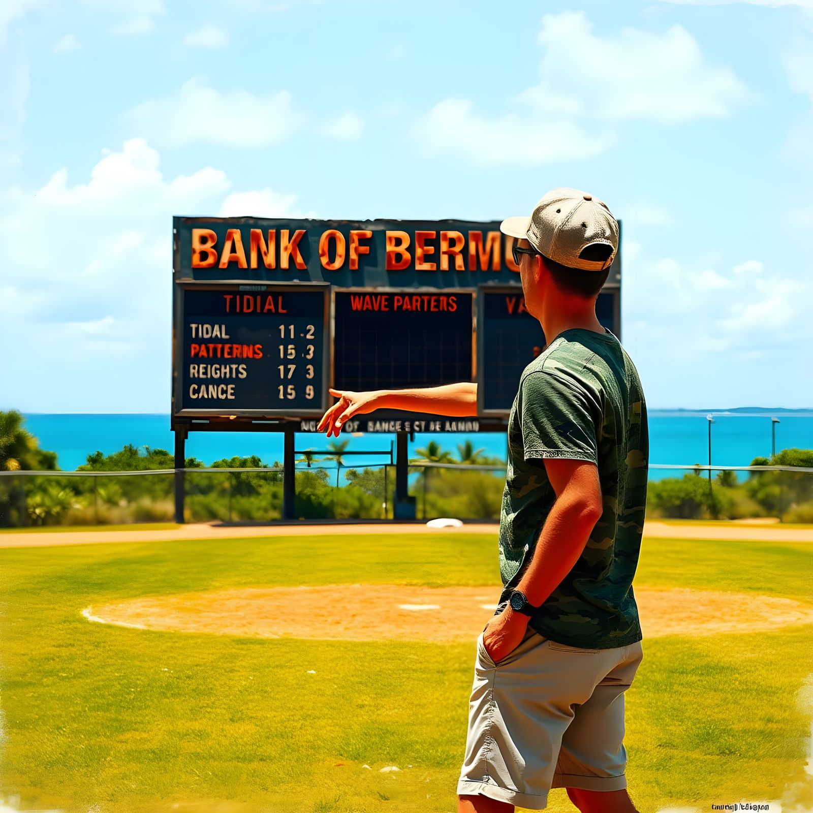 Man Points to Weather Scoreboard on Baseball Field