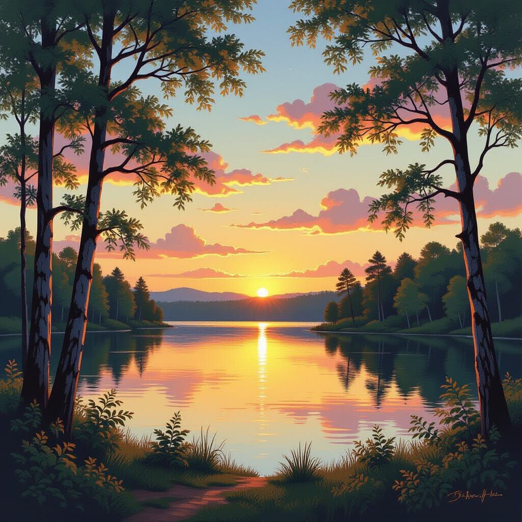 Serene Village Lake Sunset in Romantic Style