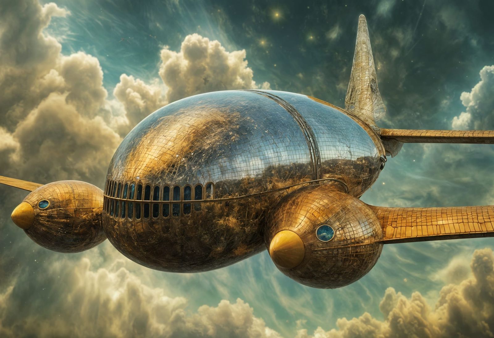 Happy Alien People Flying Exquisite Aircraft in Surreal Scen...