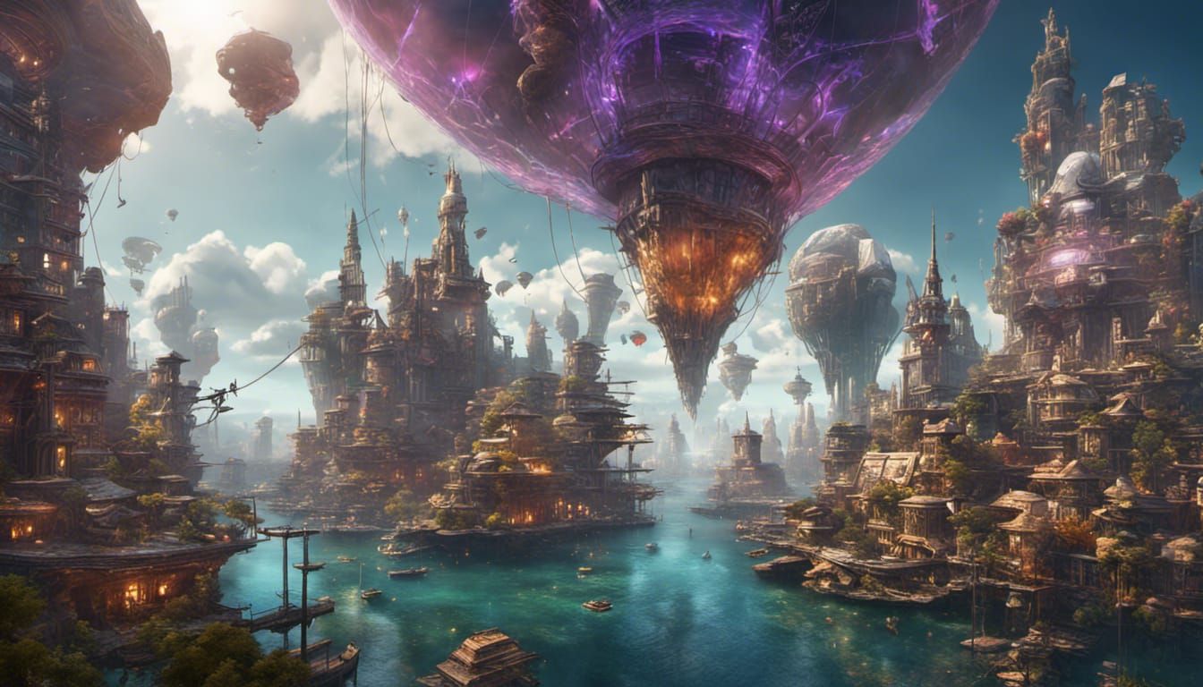 Prismatic Steampunk Cityscape with Bionic People