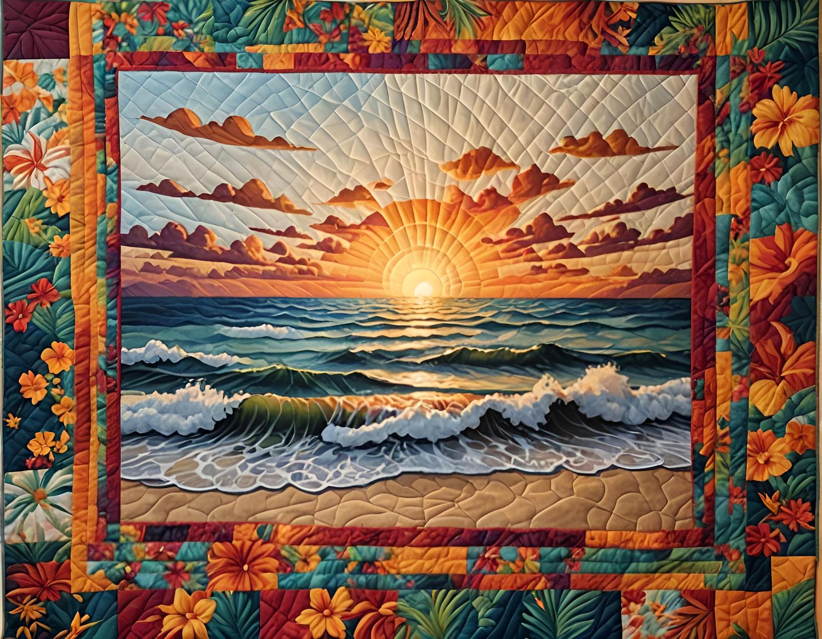 Tropical Beach Sunset Quilted Blanket Art