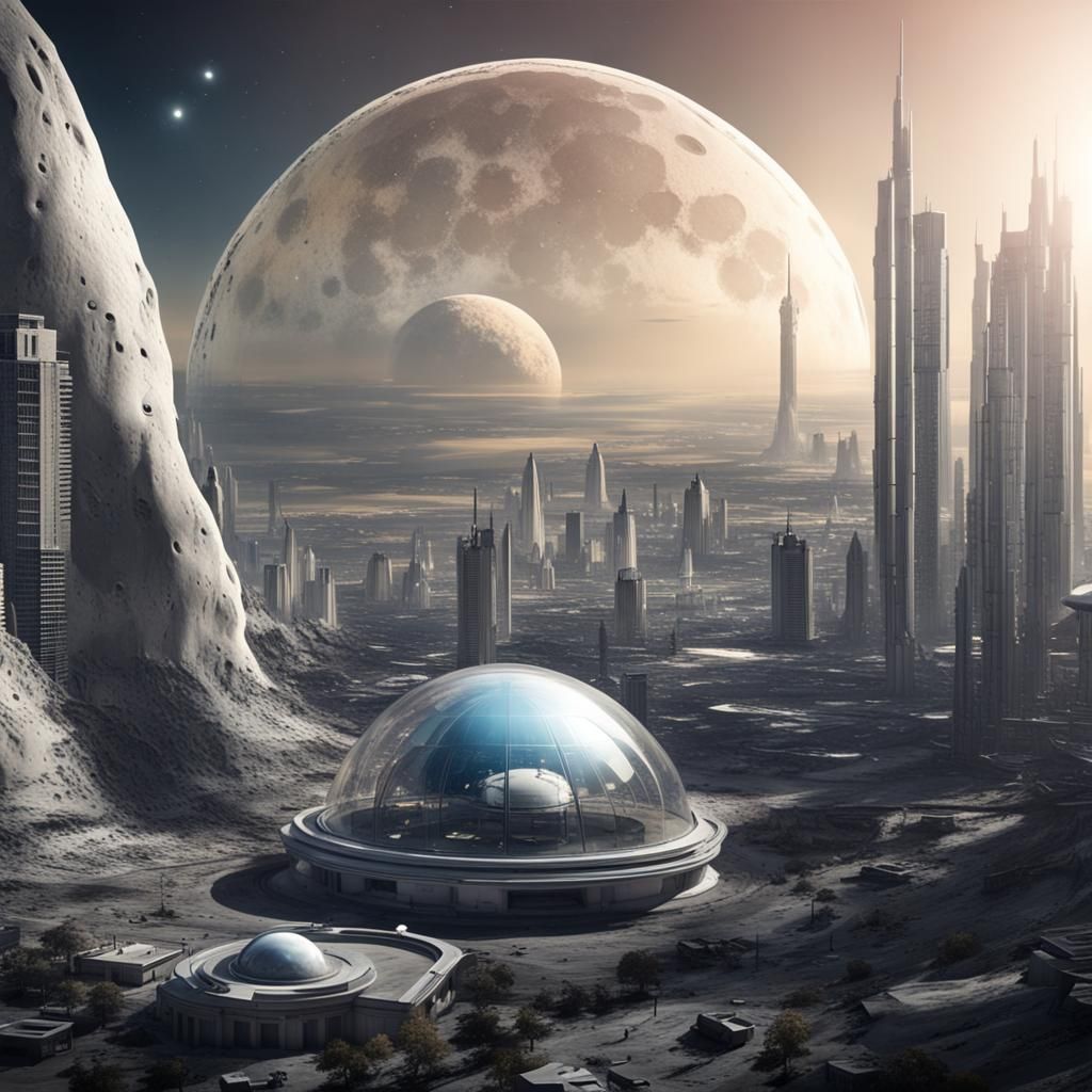 Futuristic Lunar Cityscape with Distant Moon