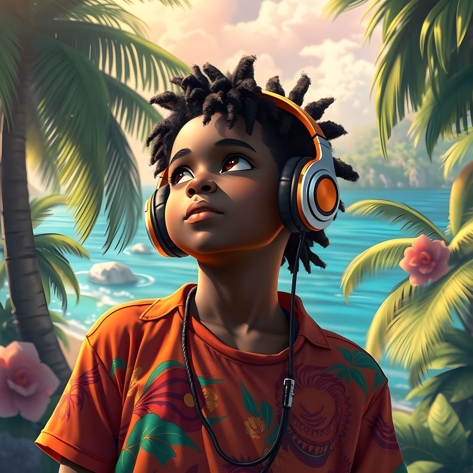 Young Boy Listening to Music in 3D Anime Art