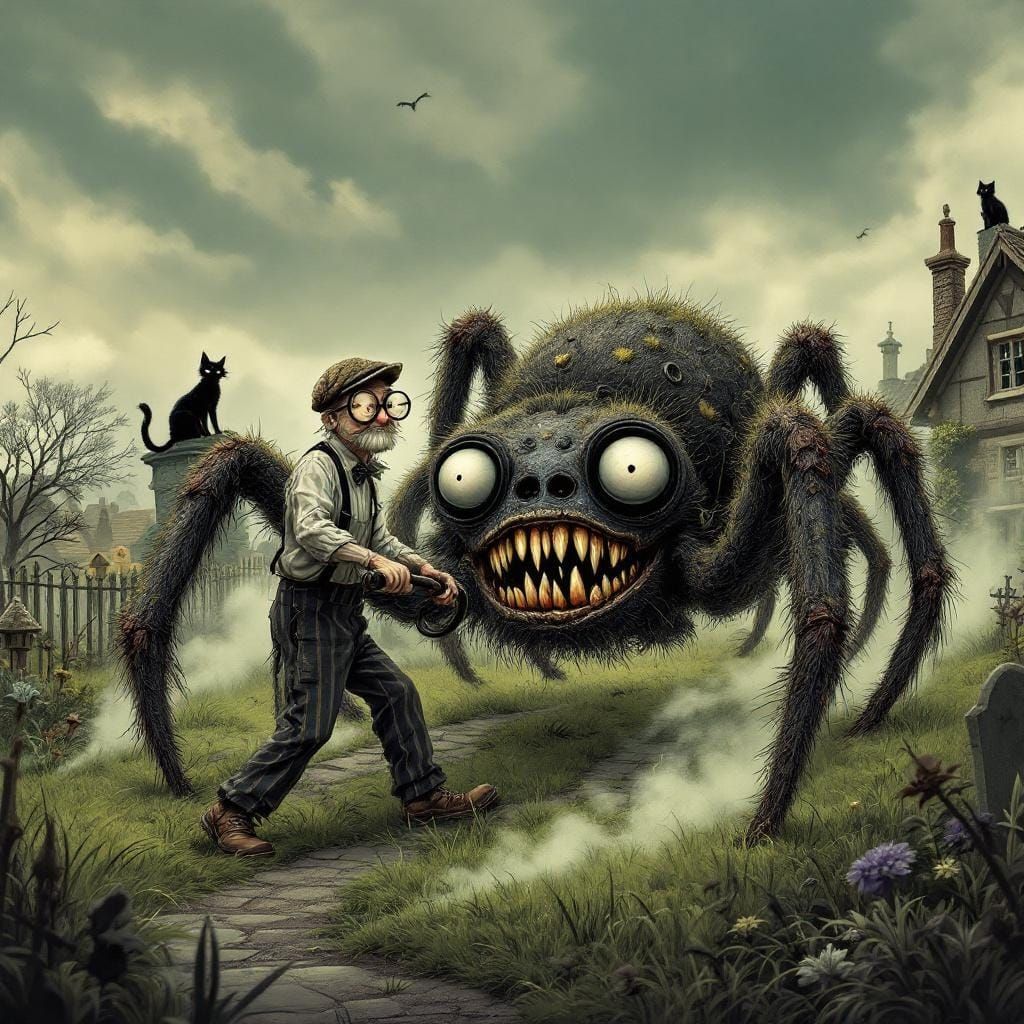 Elderly Man Mowing Lawn with Spider in Gothic Style