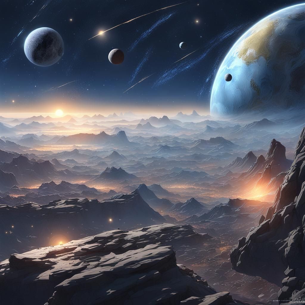 Anime Space Scene with Planets and Asteroids