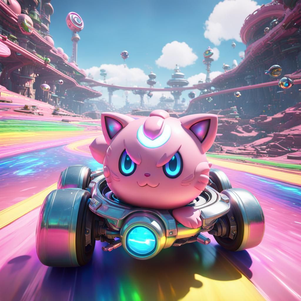 Jigglypuff Races on Rainbow Road in Sci-Fi Style