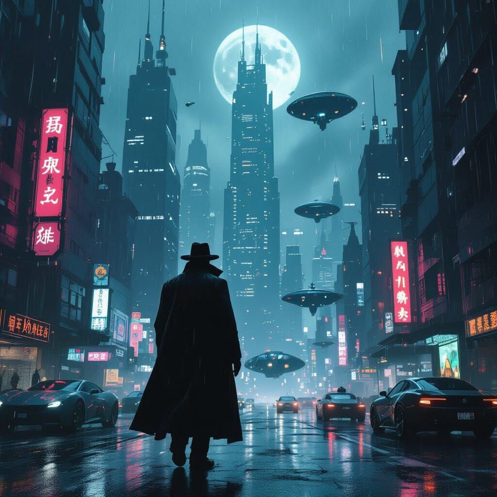 Robotic Man in Noir Cityscape, Cyberpunk Style