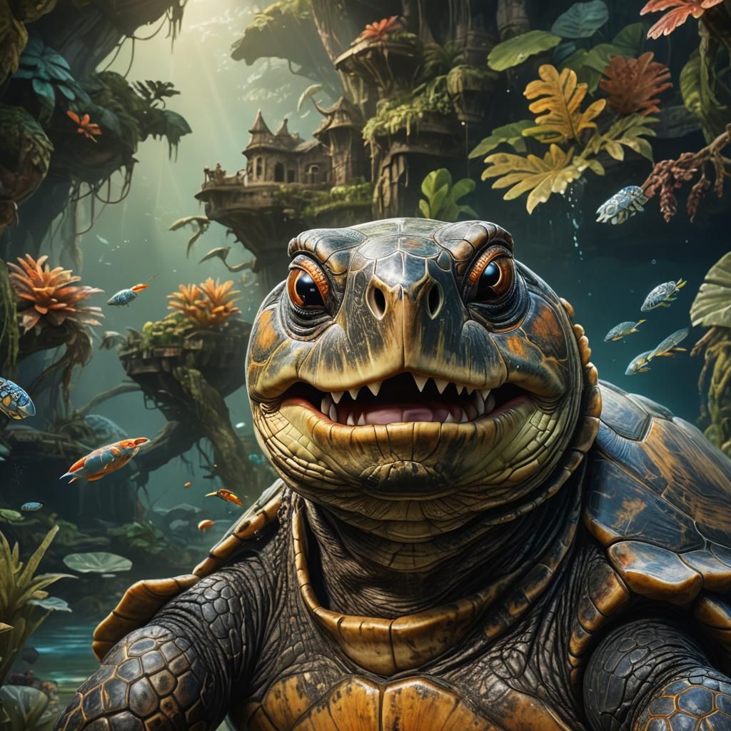 Smiling Giant Turtle Face in Detailed Digital Painting