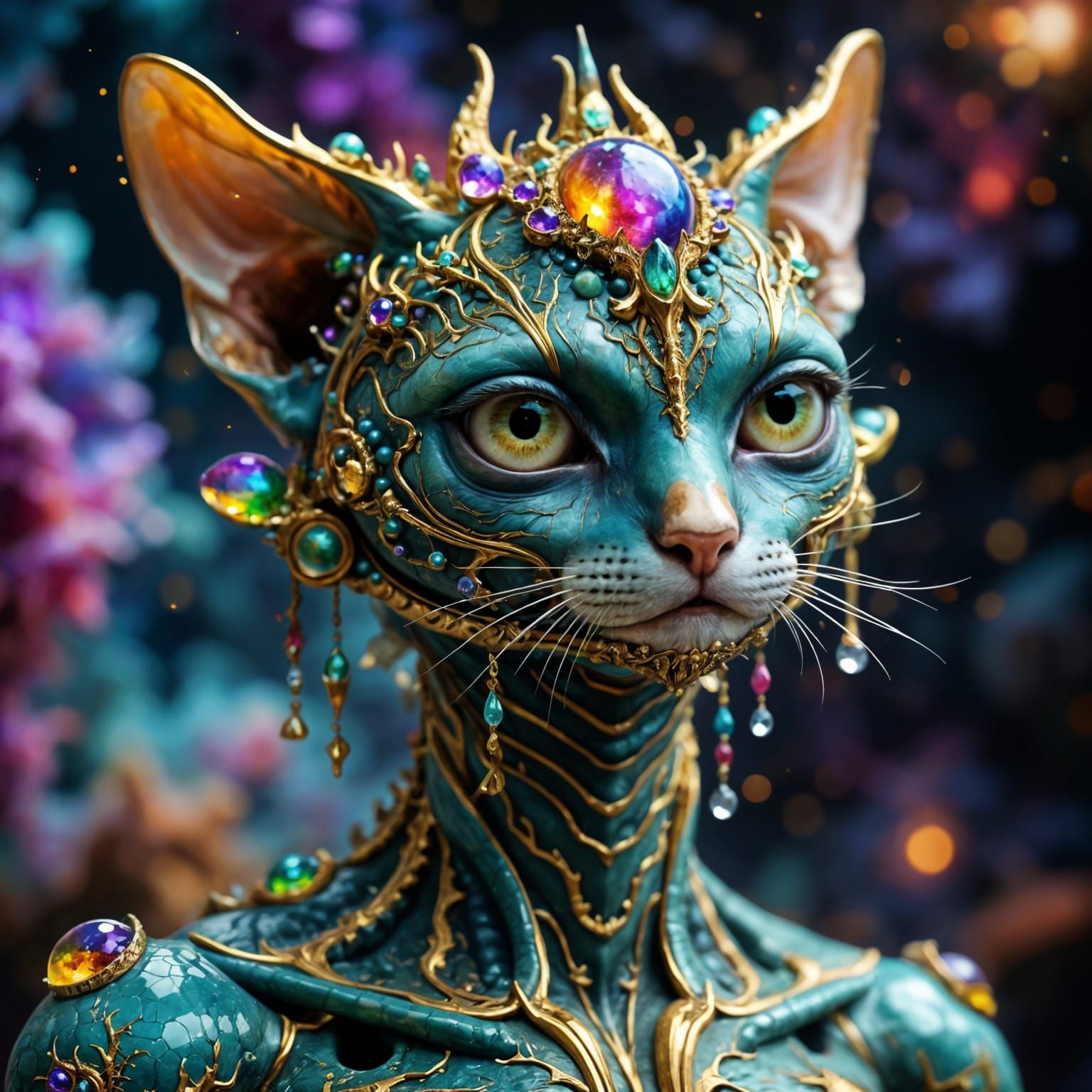 Hyperrealistic Feline Alien Wears Regal Crown and Beads