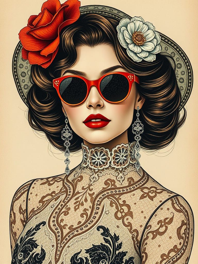 Stylish High-Society Lady in Lace Collage Art