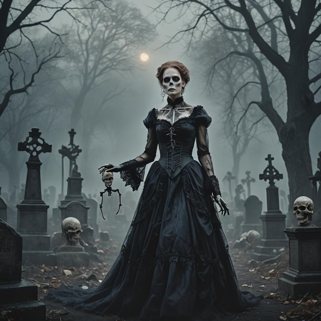 Victorian Woman Raises Skeletons in Misty Graveyard