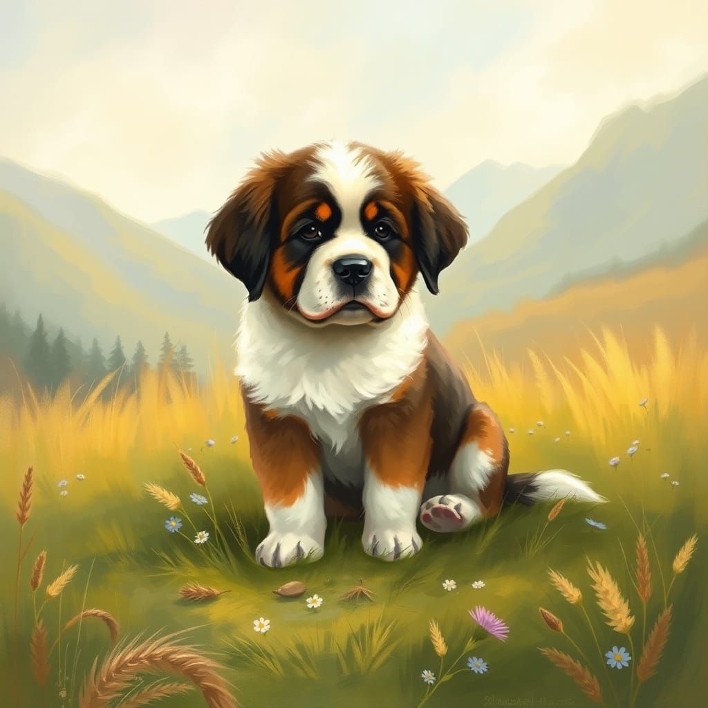 Saint Bernard Puppy in Whimsical Storybook Style